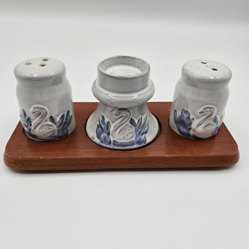 Vintage Stoneware 3 Pc Set Salt & Pepper Shakers Candle Holder Wooden Tray Swans